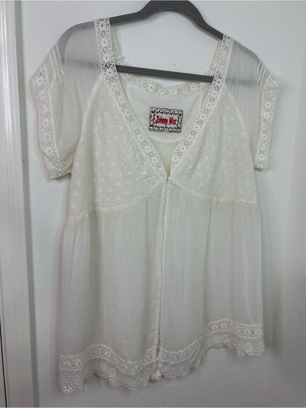 Johnny Was Ivory Embroidered Lace Boho Peasant Blouse Sheer Sleeve Medium - Picture 2 of 16